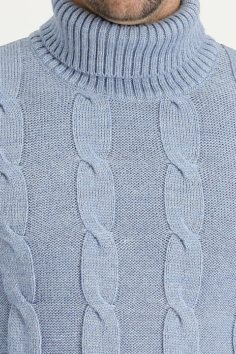 Sky Blue Turtleneck Slim Fit Narrow Cut Wool Patterned Knit Sweater
