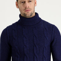 Aviator Blue Turtleneck Slim Fit Narrow Cut Wool Patterned Knit Sweater