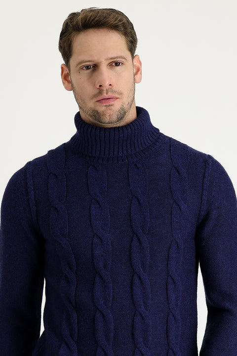 Aviator Blue Turtleneck Slim Fit Narrow Cut Wool Patterned Knit Sweater