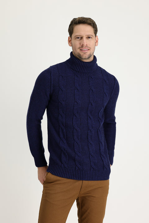 Aviator Blue Turtleneck Slim Fit Narrow Cut Wool Patterned Knit Sweater