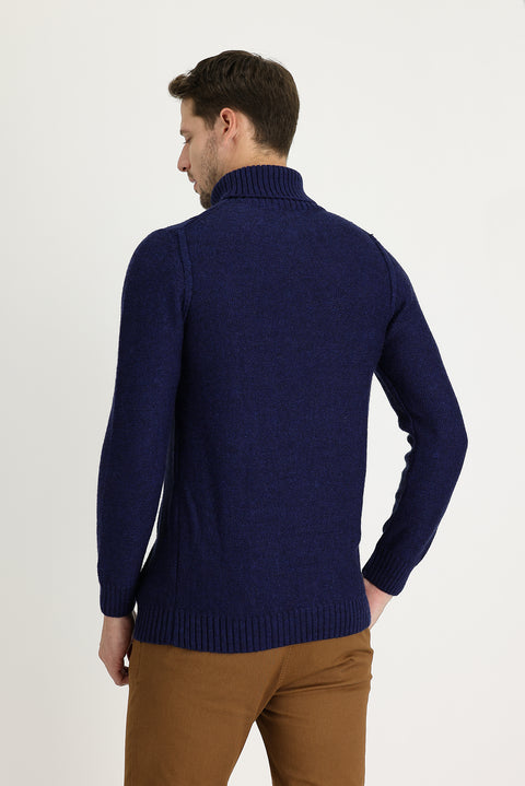 Aviator Blue Turtleneck Slim Fit Narrow Cut Wool Patterned Knit Sweater