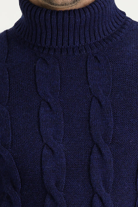 Aviator Blue Turtleneck Slim Fit Narrow Cut Wool Patterned Knit Sweater