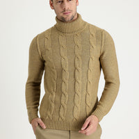 Dark Beige Turtleneck Slim Fit Narrow Cut Wool Patterned Knit Sweater