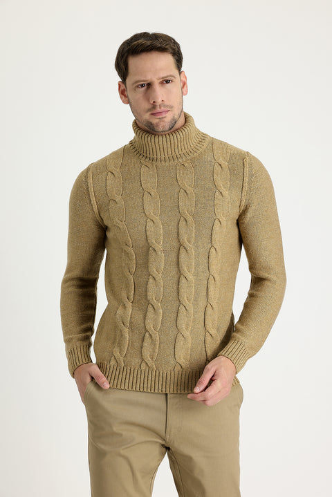 Dark Beige Turtleneck Slim Fit Narrow Cut Wool Patterned Knit Sweater