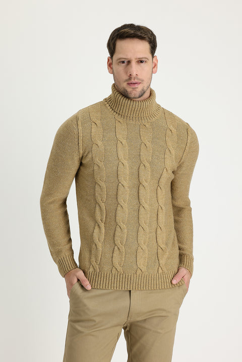Dark Beige Turtleneck Slim Fit Narrow Cut Wool Patterned Knit Sweater