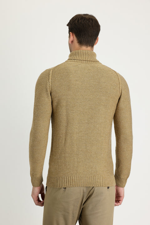 Dark Beige Turtleneck Slim Fit Narrow Cut Wool Patterned Knit Sweater