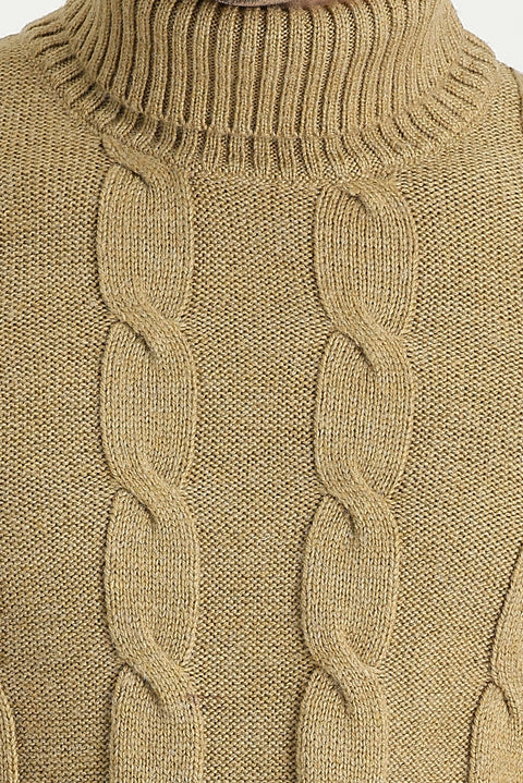 Dark Beige Turtleneck Slim Fit Narrow Cut Wool Patterned Knit Sweater