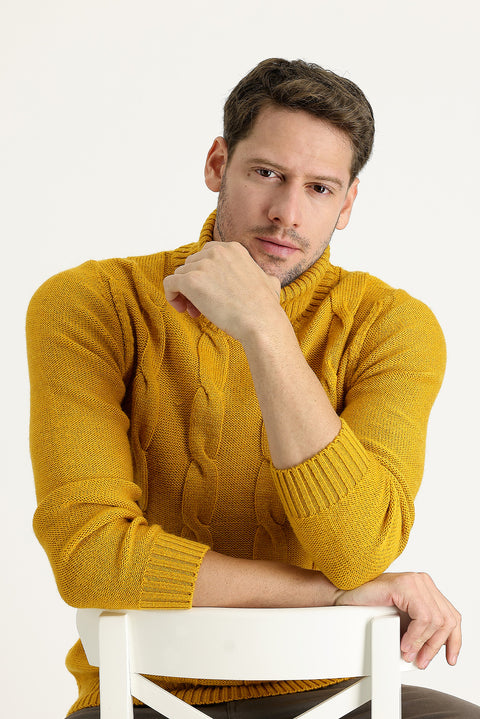 Saffron Turtleneck Slim Fit Narrow Cut Wool Patterned Knit Sweater