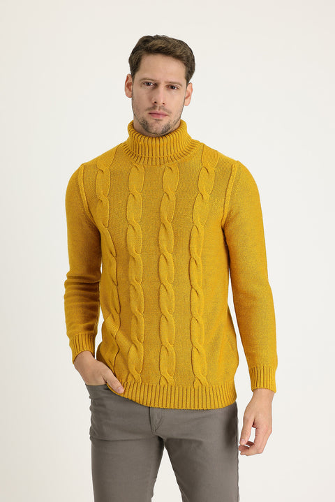 Saffron Turtleneck Slim Fit Narrow Cut Wool Patterned Knit Sweater