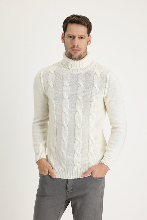 Off-white Turtleneck Slim Fit Narrow Cut Wool Patterned Knit Sweater