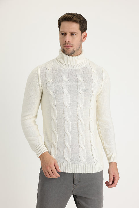 Off-white Turtleneck Slim Fit Narrow Cut Wool Patterned Knit Sweater