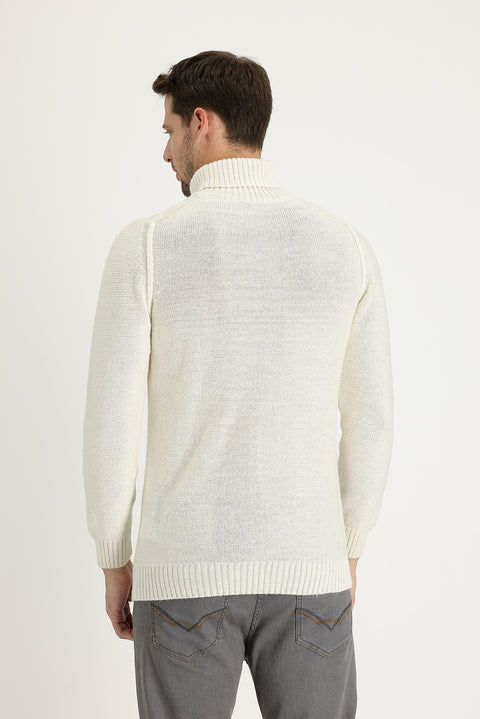 Off-white Turtleneck Slim Fit Narrow Cut Wool Patterned Knit Sweater