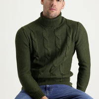 Medium Khaki Turtleneck Slim Fit Narrow Cut Wool Patterned Knit Sweater