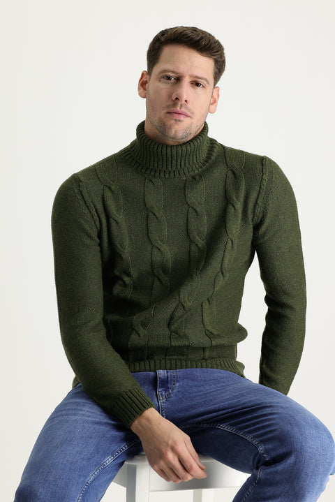 Medium Khaki Turtleneck Slim Fit Narrow Cut Wool Patterned Knit Sweater