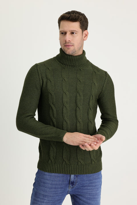 Medium Khaki Turtleneck Slim Fit Narrow Cut Wool Patterned Knit Sweater