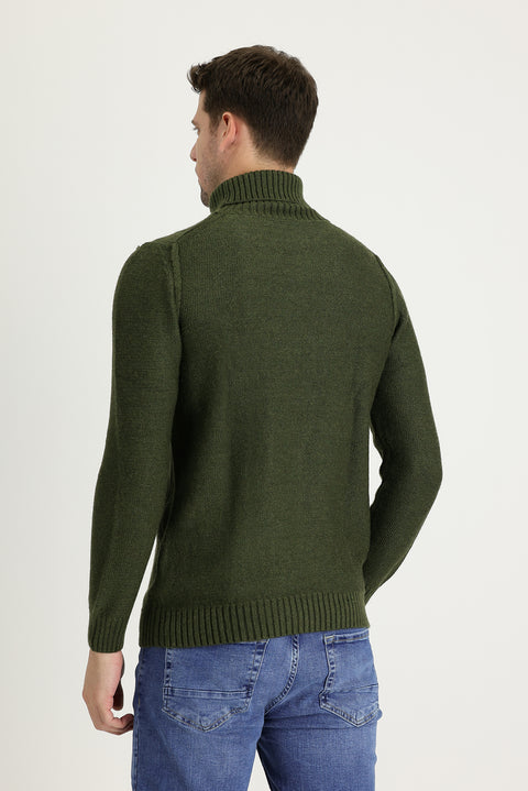 Medium Khaki Turtleneck Slim Fit Narrow Cut Wool Patterned Knit Sweater