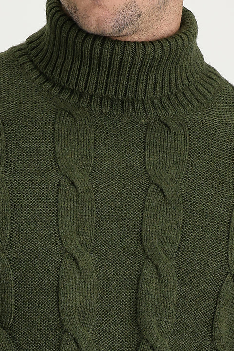 Medium Khaki Turtleneck Slim Fit Narrow Cut Wool Patterned Knit Sweater