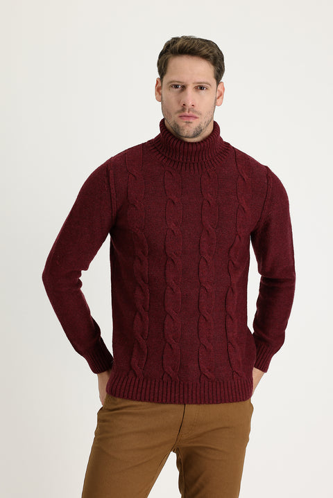 Vişne Balıkçı Yaka Slim Fit Dar Kesim Yünlü Desenli Triko Kazak