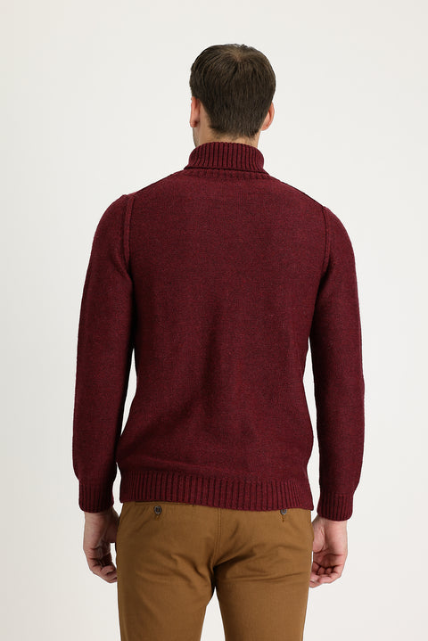 Vişne Balıkçı Yaka Slim Fit Dar Kesim Yünlü Desenli Triko Kazak