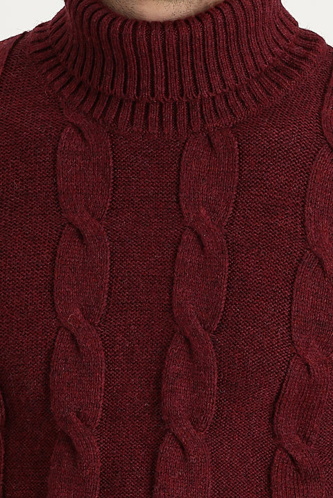 Vişne Balıkçı Yaka Slim Fit Dar Kesim Yünlü Desenli Triko Kazak
