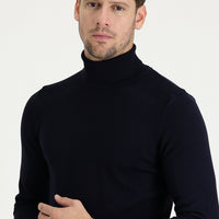 Medium Navy Turtleneck Slim Fit Patterned Knit Sweater