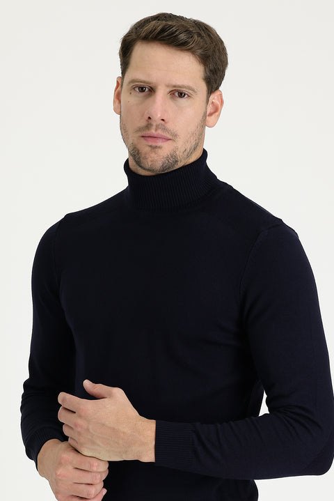 Medium Navy Turtleneck Slim Fit Patterned Knit Sweater