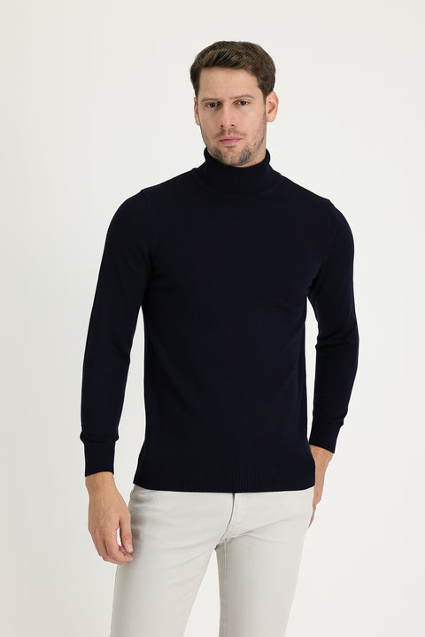 Medium Navy Turtleneck Slim Fit Patterned Knit Sweater