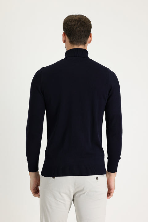 Medium Navy Turtleneck Slim Fit Patterned Knit Sweater
