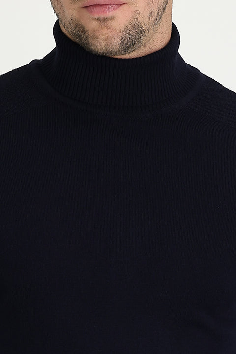 Medium Navy Turtleneck Slim Fit Patterned Knit Sweater