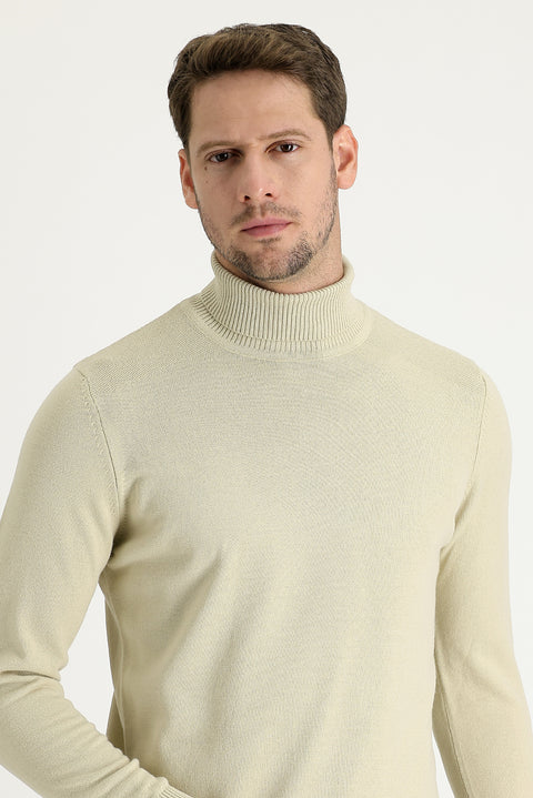 Dark Beige Turtleneck Slim Fit Narrow Cut Knit Sweater