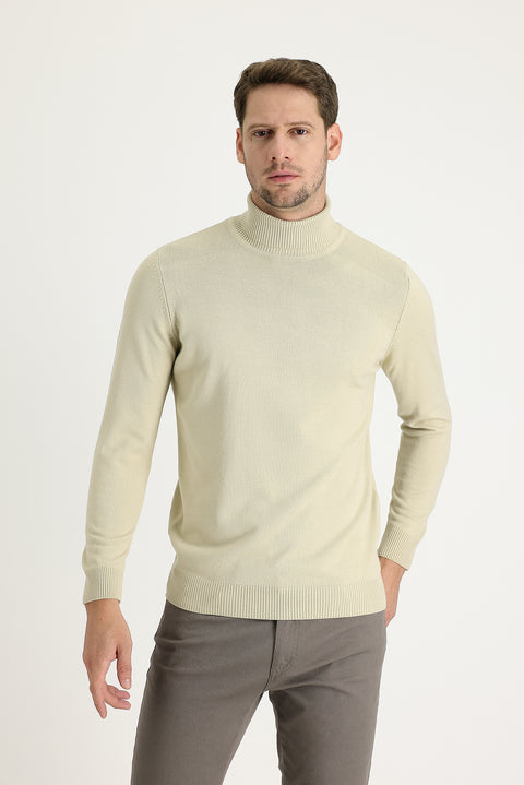 Dark Beige Turtleneck Slim Fit Narrow Cut Knit Sweater