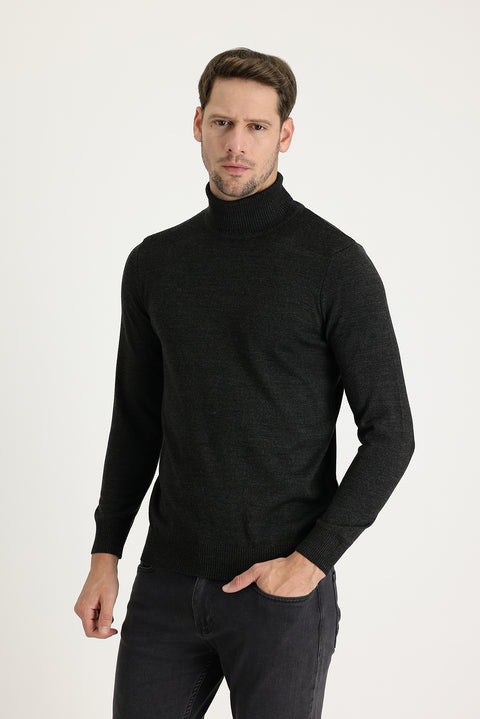 Medium Anthracite Turtleneck Slim Fit Narrow Cut Patterned Knit Sweater