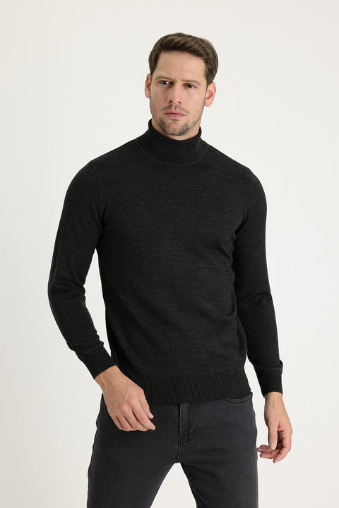 Medium Anthracite Turtleneck Slim Fit Narrow Cut Patterned Knit Sweater