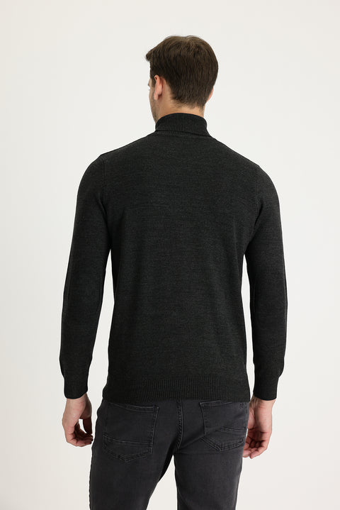 Medium Anthracite Turtleneck Slim Fit Narrow Cut Patterned Knit Sweater
