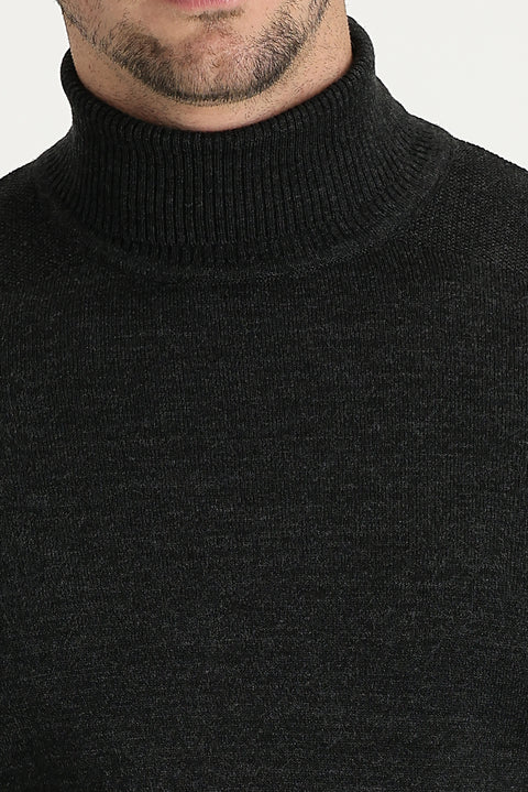 Medium Anthracite Turtleneck Slim Fit Narrow Cut Patterned Knit Sweater