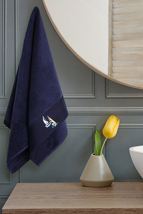 Medium Navy Blue Cotton Face Towel with Sailboat Embroidery (50x90 cm)