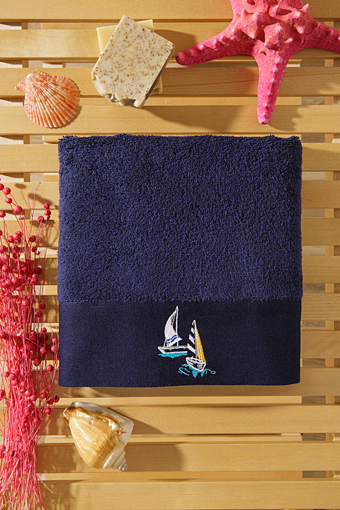 Medium Navy Blue Cotton Face Towel with Sailboat Embroidery (50x90 cm)