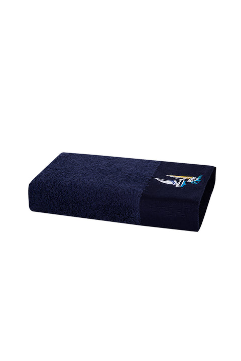 Medium Navy Blue Cotton Face Towel with Sailboat Embroidery (50x90 cm)