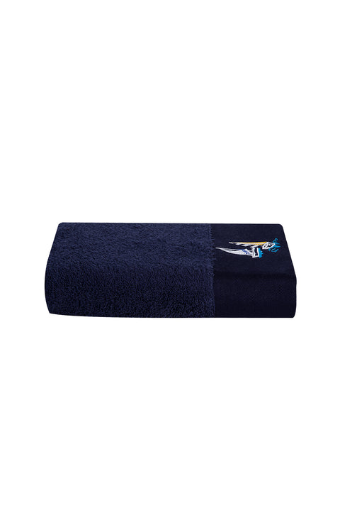 Medium Navy Blue Cotton Face Towel with Sailboat Embroidery (50x90 cm)