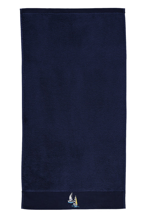 Medium Navy Blue Cotton Face Towel with Sailboat Embroidery (50x90 cm)