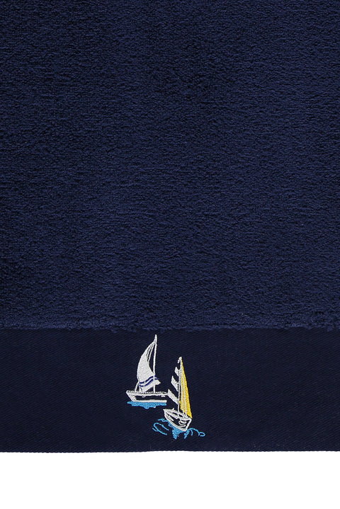 Medium Navy Blue Cotton Face Towel with Sailboat Embroidery (50x90 cm)