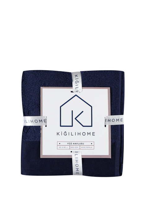 Medium Navy Blue Cotton Face Towel with Sailboat Embroidery (50x90 cm)