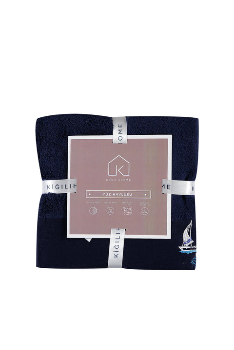 Medium Navy Blue Cotton Face Towel with Sailboat Embroidery (50x90 cm)