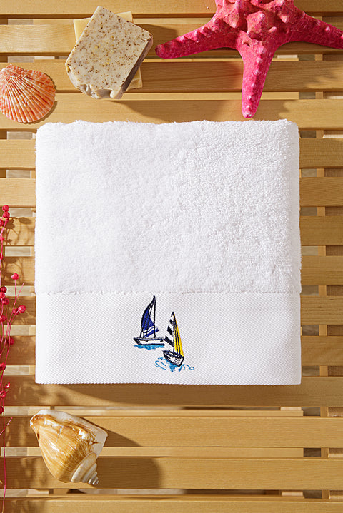 White Cotton Face Towel with Sailboat Embroidery (50x90 cm)