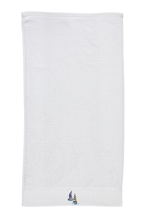 White Cotton Face Towel with Sailboat Embroidery (50x90 cm)