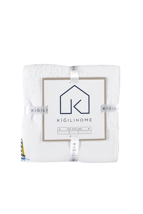 White Cotton Face Towel with Sailboat Embroidery (50x90 cm)