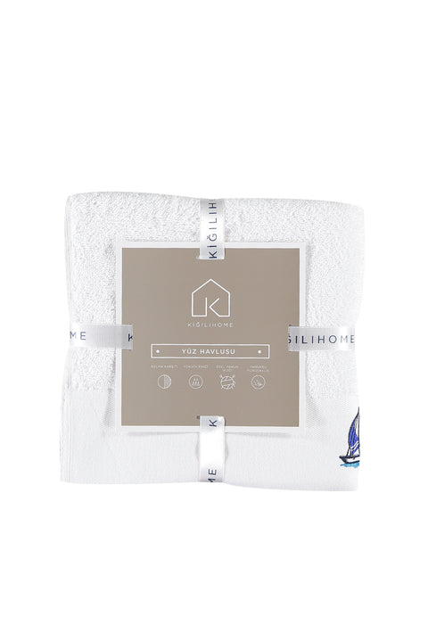 White Cotton Face Towel with Sailboat Embroidery (50x90 cm)