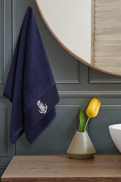 Medium Navy Cotton Face Towel with Anchor Embroidery (50x90 cm)