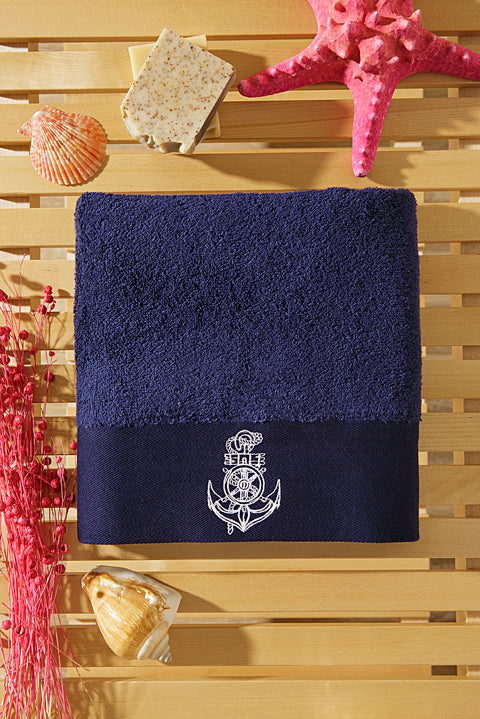 Medium Navy Cotton Face Towel with Anchor Embroidery (50x90 cm)