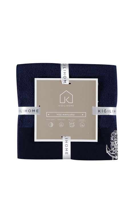 Medium Navy Cotton Face Towel with Anchor Embroidery (50x90 cm)